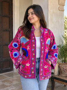 <b>Women's</b> Cotton Woven <b>Velvet</b> Embroidered O-Neck Reversible Eco-Friendly Floral Pattern Bomber Jacket Full Sleeve Autumn - Product Image 6