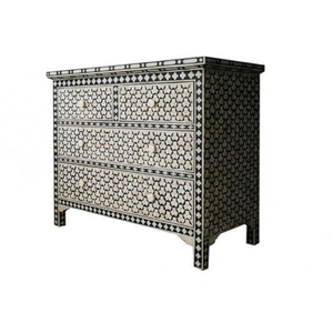 Bone Inlay Chest of Drawers, Black and White, Floral Geometric Pattern, 4 Drawer Dresser Ottomans - Product Image 6