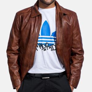 Veste en cuir marron vieilli à col rabattu en cuir de mouton, veste en cuir marron ciré OEM, vestes vintage pour hommes - Product Image 2