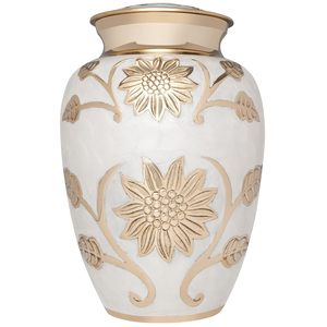 Urna Funeraria Blanca y Dorada con Flores para Cenizas Humanas - Product Image 1