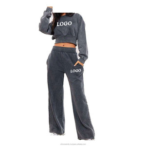 Ensemble de mode streetwear pour femmes grandes tailles, délavé et vieilli, avec logo brodé, comprenant un crop top et un sweat à capuche oversize à manches longues - Product Image 2
