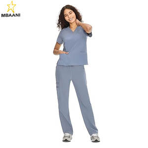 ชุดสครับสำหรับผู้หญิง ชุดยูนิฟอร์มทางการแพทย์ - เสื้อคอวีและกางเกงขายาวทรงตรงพร้อมกระเป๋า 9 ช่อง ชุดทำงานแบบยูนิเซ็กซ์ - Product Image 1
