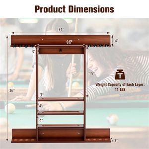 Portastecche da Biliardo da Parete in Legno di Pino Marrone Resistente, Contiene 8 Stecche, 16 Biglie, 5 Scomparti, Scatola Porta Aste in Pelle PU Inclusa - Product Image 3