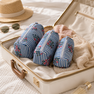 Luxury Mint Botanical Embroidered 3-Piece Makeup Pouch Set Quilted Cotton Zipper Closure Cosmetic <b>Bags</b> Women Travel <b>Vanity</b> - Product Image 4