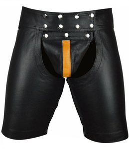 Original Cowhide <b>Leather</b> Chaps Shorts Zipper Fly Closure <b>Sexy</b> Men Black Knee-Length Soft Feel Letter Print Dot Pattern Beading - Product Image 1