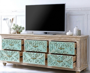 Cómoda de madera maciza india turquesa con acabado natural, hecha a mano, tallada, estilo oriental, para TV, uso en hogar, oficina o dormitorio, OEM - Product Image 2