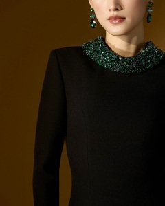 Elegant Black Polyester <b>Plus</b> <b>Size</b> Long Sleeve Floor Length Dress High Neck Beaded Traditional Chinese Women's Evening Party Wear - Product Image 2