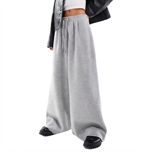 Women's Gray Wide Leg Baggy Sweatpants Mid Waist <b>Drawstring</b> Loose Fit Full Length Casual Cotton Pants Winter Wear <b>Trousers</b> - Product Image 1