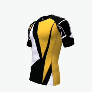 T-shirt de compression à manches courtes pour homme, jaune, noir, blanc, imprimé par sublimation, séchage rapide, en spandex et polyester, haut de sport - Product Image 1
