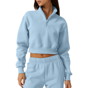 Sudadera de punto azul claro para mujer, cuello alto, manga larga, color liso, estilo crop, con media cremallera, para otoño, precio de fábrica 2026, ODM - Product Image 1