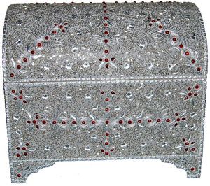 Elegant Silver Embroidered Beaded <b>Storage</b> <b>Trunk</b> with Red Stone Work Decorative Organizer Box for Home Décor - Product Image 2