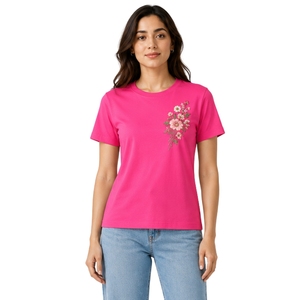 เสื้อยืดคอกลมผ้าฝ้ายปักลายดอกไม้สีชมพูสดใสสำหรับผู้หญิง แขนสั้น สไตล์ลำลอง รับผลิตตามสั่ง (OEM) คุณภาพพรีเมียม แฟชั่นฤดูร้อน - Product Image 1