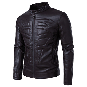 Blouson moto en cuir noir pour homme, col montant, fermeture éclair, coupe ajustée, couleur unie, pour l'automne - Product Image 3