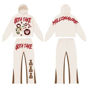 Conjunto Deportivo de 2 Piezas para Hombre, 100% Algodón, Felpa, Diseño de Parches, Pantalones Acampanados, Top Corto, Lavado Ácido, Antibacterial, 360g - Product Image 3