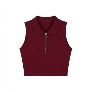 Custom Logo Embroidery Black Sleeveless Women's Summer Half Zipper Tank <b>Top</b> Slim Casual Silk/Cotton Breathable Polo Shirt Zip - Product Image 3