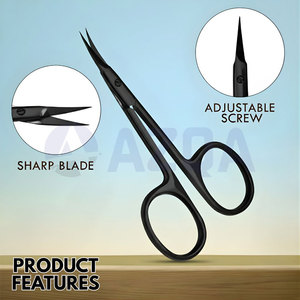Ciseaux à cuticules en acier inoxydable avec lame incurvée et pointe affûtée, revêtement noir, avec étui en cuir pour manucure et soin de précision - Product Image 2