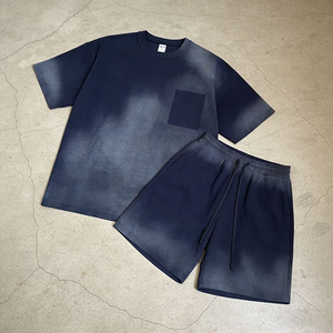 Men's Short Sleeve Tee and Shorts <b>Set</b> Heavyweight Cotton <b>Spray</b> Dye Vintage Wash Chest Pocket Loose Fit Casual Streetwear Summer - Product Image 4