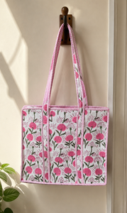 Pink Floral <b>Canvas</b> <b>Tote</b> Bag with Zipper Closure Insulated Shopping Bag for Women All Seasons - Product Image 3
