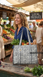 Sac fourre-tout matelassé en coton imprimé à la main, grand sac à bandoulière pour femme, motif Ginkgo bleu, sac de plage et de shopping - Product Image 3