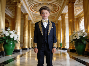 Costume de smoking bleu marine pour garçons avec broderie dorée |   Ensemble de vêtements formels pour enfants pour mariage et fête - Product Image 1
