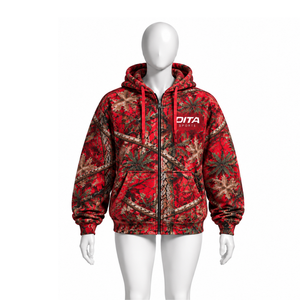 Red Nature Print Full <b>Zip</b> <b>Hoodie</b> Mens Outdoor Hooded Sweatshirt with Drawstring Kangaroo <b>Pockets</b> Casual Winter Streetwear Top - Product Image 1