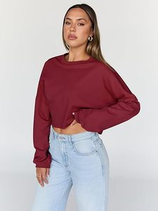 OEM ODM Service Cropped <b>Top</b> Women's Baggy Waist Crop Crewneck <b>Maroon</b> Color Sweatshirt Cotton Fleece Oversized Streetwear Front - Product Image 4