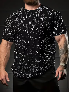 T-shirt à manches courtes pour homme, noir, col rond, imprimé abstrait blanc, coupe classique, décontracté, 100% coton, tissu tricoté respirant - Product Image 6