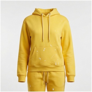 <b>Women</b> <b>Yellow</b> Hooded Sweatshirt Set 100% Cotton Midweight Casual <b>Tracksuit</b> With Pockets Autumn Wear - Product Image 1