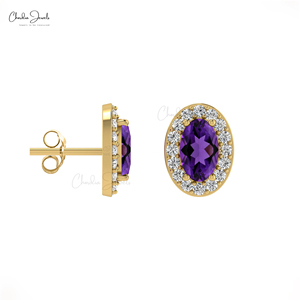 Fournisseur en gros de boucles d'oreilles classiques en améthyste africaine naturelle, boucles d'oreilles halo en or massif 14 carats avec diamants, fournisseur de bijoux en gros - Product Image 1