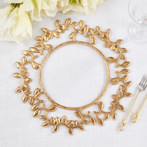 จานรองโลหะทรงกลม ลายใบไม้สีทอง งานแฮนด์เมด สไตล์หรูหรา สำหรับงานแต่งงาน - Product Image 1