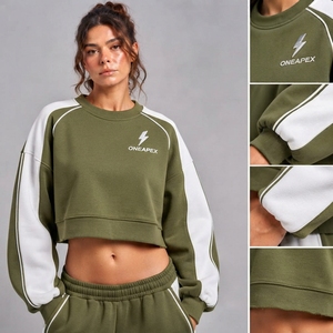 Women's Olive Green <b>White</b> Color Block <b>Cropped</b> <b>Sweatshirt</b> Wide Leg Tracksuit Set Casual Streetwear Sportswear Custom Private - Product Image 5