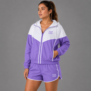 Ensemble de survêtement pour femme, rose et blanc, à capuche, respirant, en polyester, short et veste, deux pièces, pour le printemps et l'été - Product Image 6