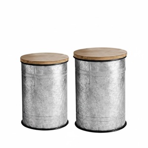 Fancy Round Galvanized Metal Drum <b>Stool</b> with Wooden Lid <b>Storage</b> Ottoman for Living Room Home Furniture Industrial Style - Product Image 1
