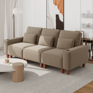 Divano Moderno e Confortevole a 3 Posti in Ciniglia con Seduta Profonda, Portabicchieri in Acciaio Inox Spazzolato e 3 Cuscini Decorativi Lavabili - Product Image 3