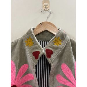 Hand Embroidered Velvet Cotton <b>Jacket</b> Women Mandarin Collar Full Sleeve Autumn Winter Bohemian Eye Pattern Open Front Coat - Product Image 3