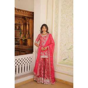 Party Wear Top-Bottom et Dupatta Set Sequins & Zari Brodé Travail Taille XL - Product Image 2