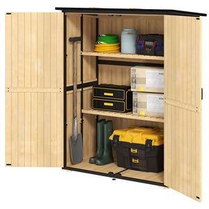 Casetta da Giardino in Legno Naturale con Tetto in Asfalto, 2 Ripiani, Porte con Serratura, Piedini Regolabili e Facile Montaggio - Product Image 1