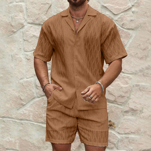 Men's Summer Cotton <b>Knitted</b> Two Piece <b>Set</b> Geometric Pattern Casual Short Sleeve Shirt Shorts Breathable Lightweight - Product Image 4