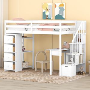 Letto a soppalco bianco singolo con cassetti contenitore, scrivania e scale, in legno, con mensole, per bambini - Product Image 1