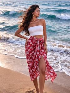 Womens Red Floral <b>Beach</b> Sarong Pareo <b>Wrap</b> Skirt Tropical Print Swimwear Cover-Up Lightweight Summer Beachwear 1 Waist - Product Image 1