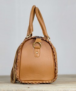Bolsa de Viaje Speedy 100% Cuero Genuino con Panel de Piel de Vaca y Detalle Floral, Color Marrón con Borlas Blancas, Estilo Casual, Cierre de Cremallera - Product Image 3