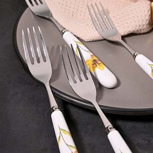 Ceramic & Steel Sunray Floral <b>Forks</b> (Set of 4) for Fruit Dessert Restaurant Use Kids Friendly Stainless Steel Handle for Camping - Product Image 3