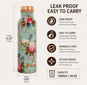 Vintage Floral Printed Pure Copper Water <b>Bottle</b> Teal Chinoiserie Botanical Pattern Enamel Coated <b>Flask</b> with Gift Box - Product Image 2
