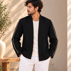 Men's Lightweight <b>Linen</b> Jacket-<b>Black</b> Open Front Long Sleeve with Contrast Piping Casual Resort Summer Holiday Wear - Product Image 1