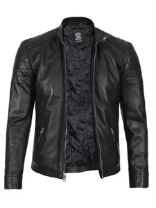 เสื้อแจ็คเก็ตหนังสีดำสไตล์คาเฟ่เรเซอร์สำหรับผู้ชาย - Product Image 1