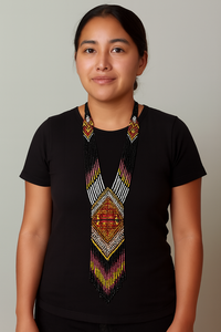 Collier artisanal en perles avec motifs tribaux géométriques, porté par une femme élégante, mettant en valeur la maîtrise artisanale traditionnelle. - Product Image 2