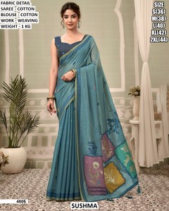 Saree en coton Sushma avec travail de tissage, couleur verte, pour femmes, coupe régulière, longueur au sol, style traditionnel 4603 - Product Image 3