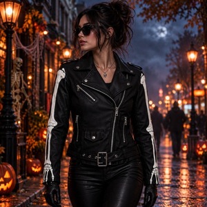 Halloween Skeleton Leather <b>Jacket</b>, Gothic <b>Biker</b> Style, Black <b>White</b> Yellow Accents - Product Image 1