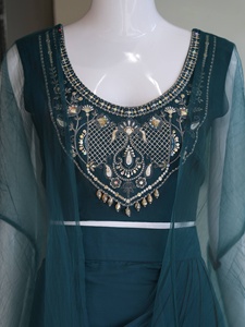 Women Ethnic Teal Green Embroidered Crop <b>Top</b> With Asymmetric Skirt And <b>Net</b> Dupatta Party Wear Set India Pakistan Style - Product Image 6
