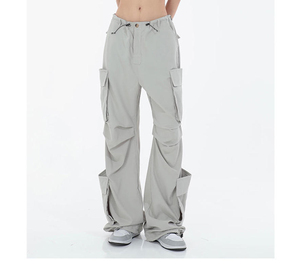 Custom Logo Women's <b>White</b> Contrast Stitch Wide Leg Cargo Pants - Oversized Baggy Casual <b>Trousers</b> with Utility Pocket, Streetwear - Product Image 2